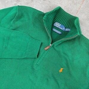 Polo Ralph Lauren Green Quarter Zip Knit Sweater Vintage Men's XXL Cotton